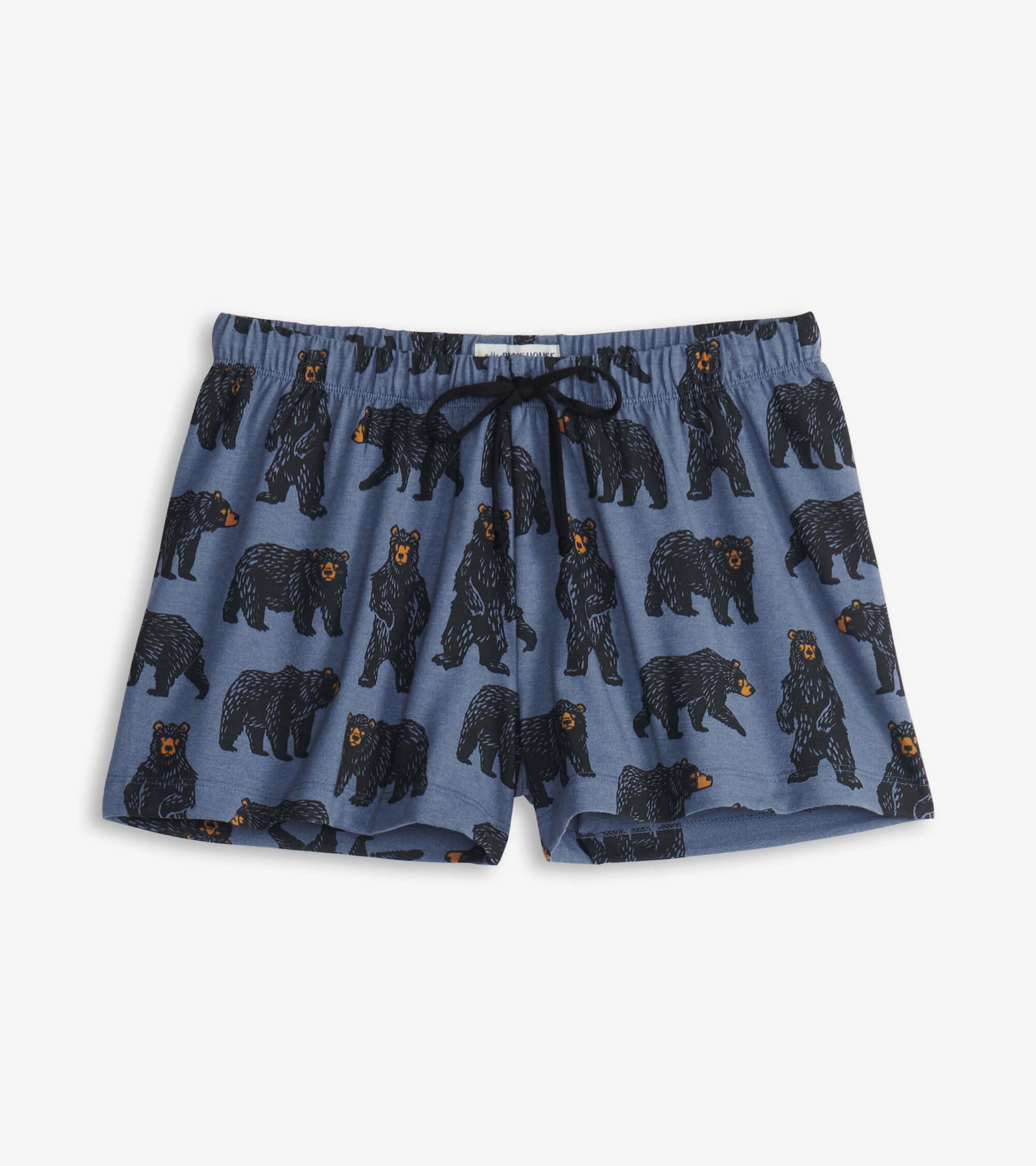 Blue cotton blend sleep shorts featuring a playful bear pattern and an elastic waistband with a drawstring.