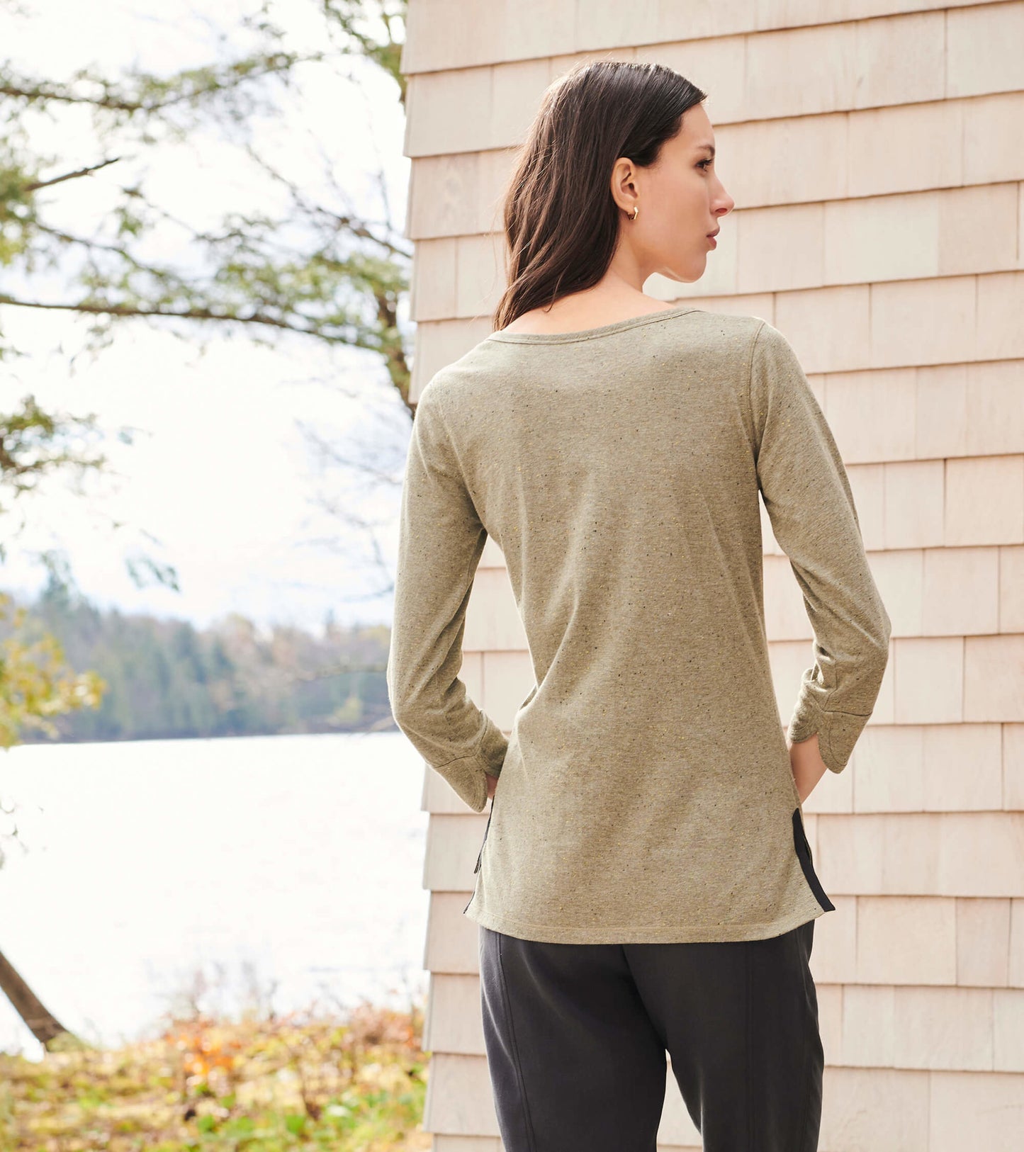Loden green 3/4 sleeve Breton top with a relaxed fit and side slits, viewed from the back against a natural backdrop.
