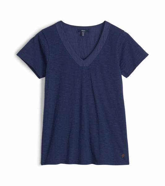 Patriot blue short-sleeve tee with a V-neck and a relaxed fit, featuring a small logo at the hem.