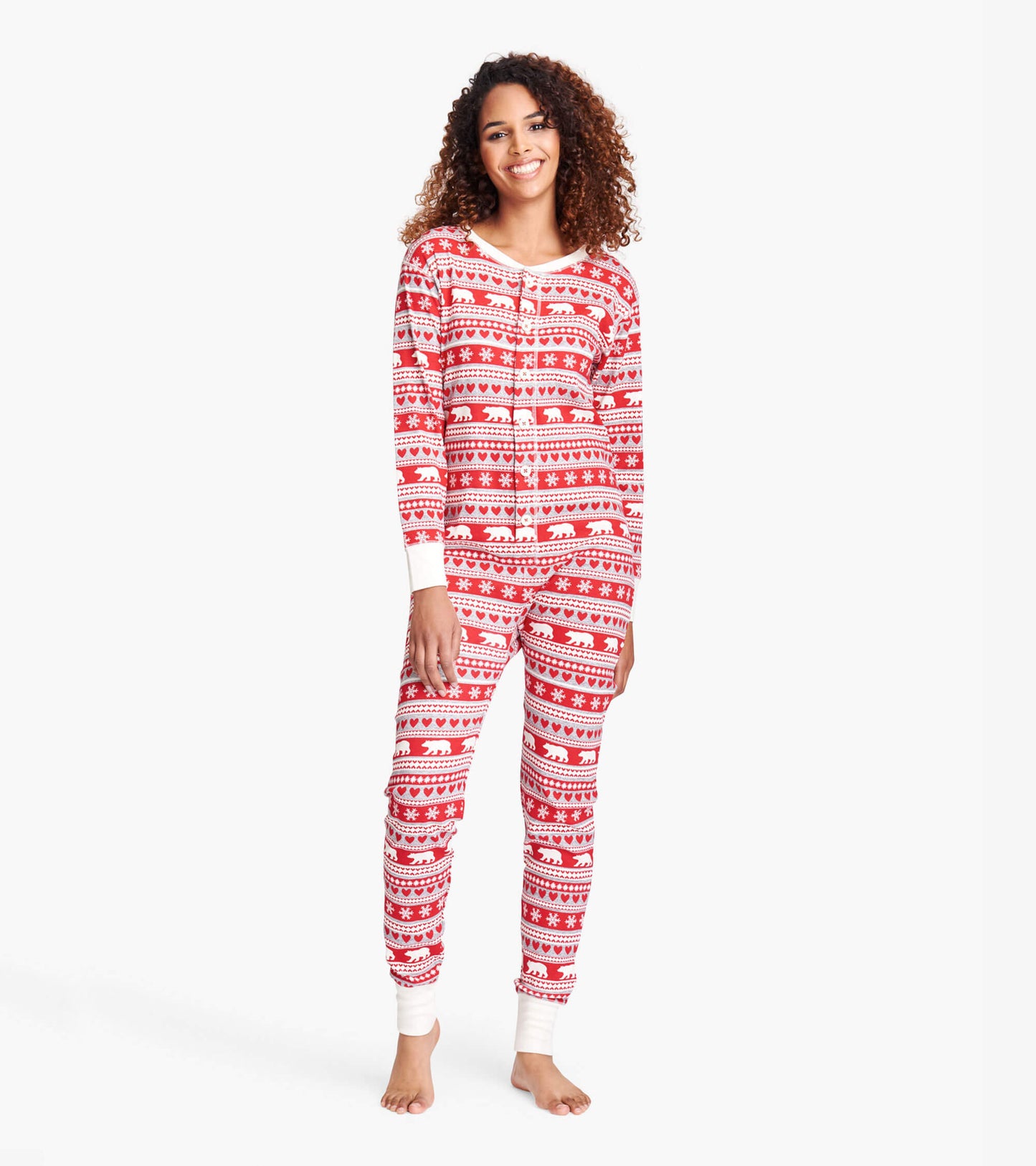 Red Fair Isle patterned adult onesie featuring polar bears, long sleeves, and ribbed cuffs.