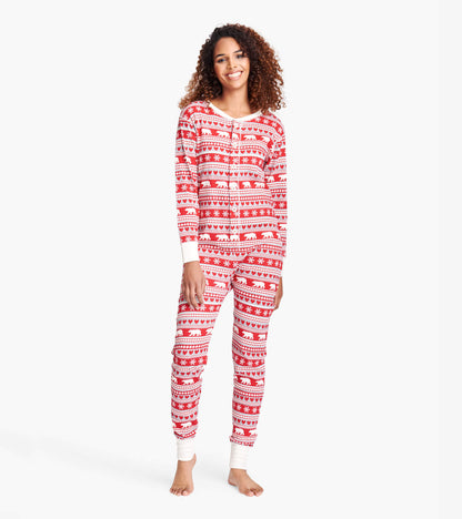 Red Fair Isle patterned adult onesie featuring polar bears, long sleeves, and ribbed cuffs.