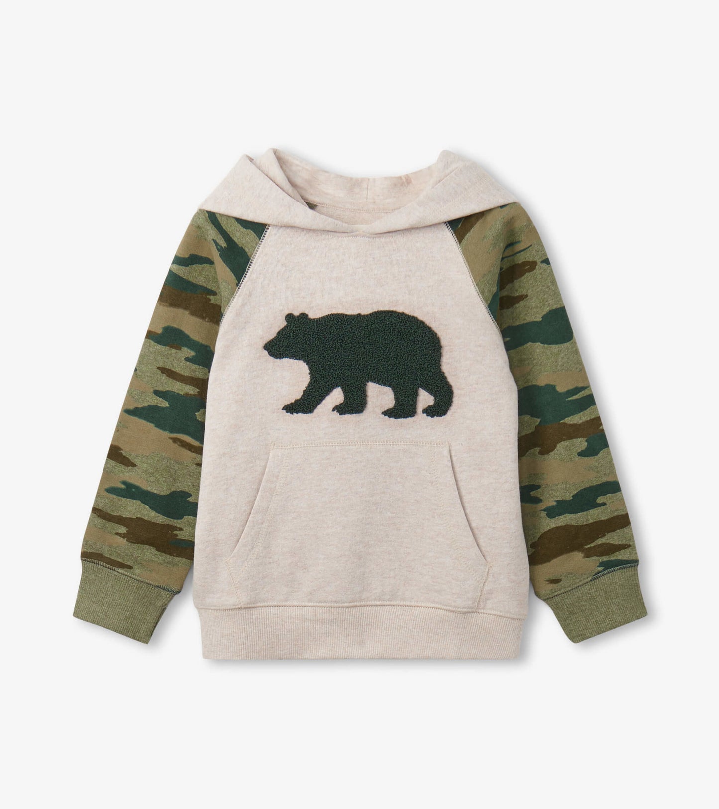 Beige pullover hoodie with a green bear graphic and camo-patterned sleeves. Features a front pocket and hood.
