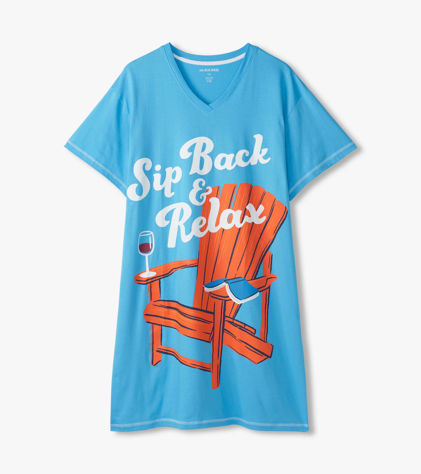 Light blue women's sleepshirt featuring a graphic of an Adirondack chair and the text "Sip Back & Relax.