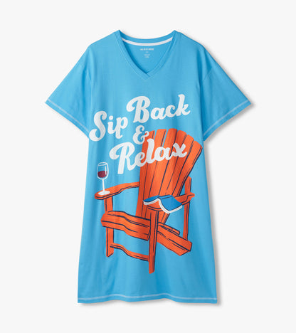 Light blue women's sleepshirt featuring a graphic of an Adirondack chair and the text "Sip Back & Relax.