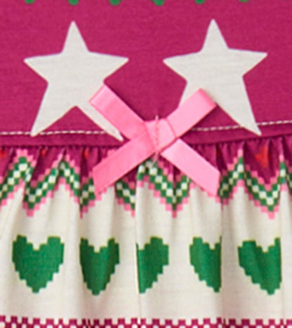 Long sleeve girls nightgown featuring a pink top with white stars and a patterned skirt with hearts and geometric designs.