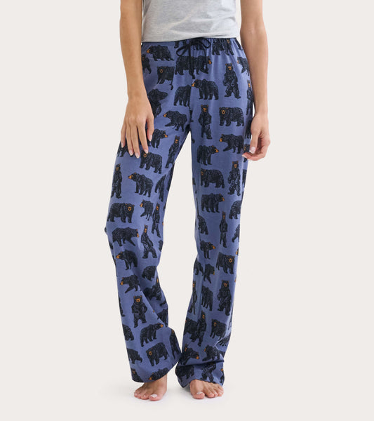 Blue cotton blend pajama pants featuring a playful bear pattern, with an elastic waistband and relaxed fit.