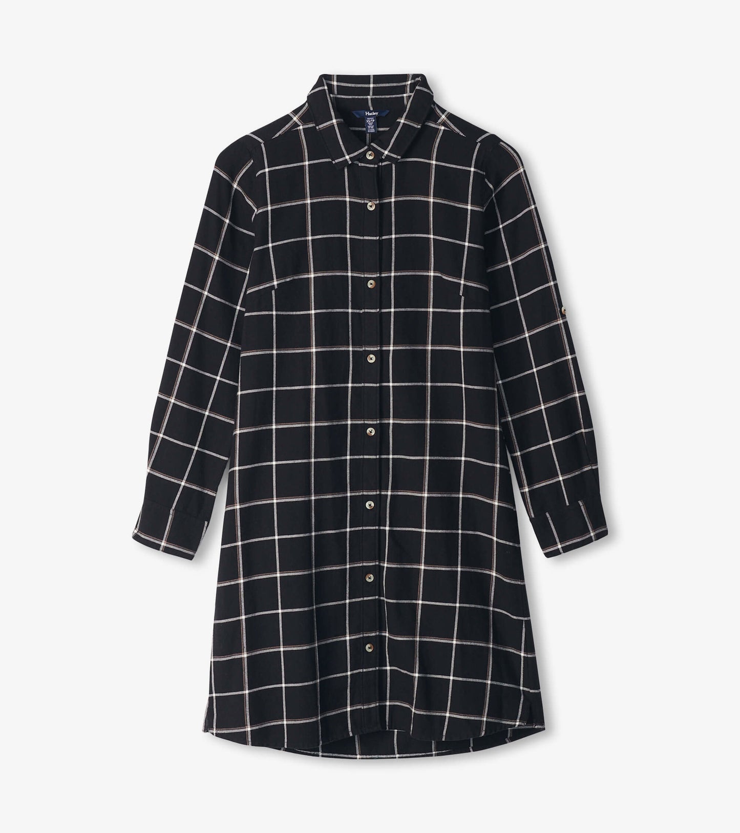 Black shirt dress featuring a white windowpane pattern, long sleeves, and a button-down front.