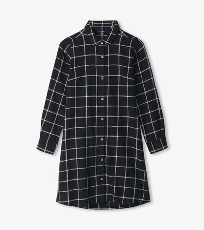 Black shirt dress featuring a white windowpane pattern, long sleeves, and a button-down front.