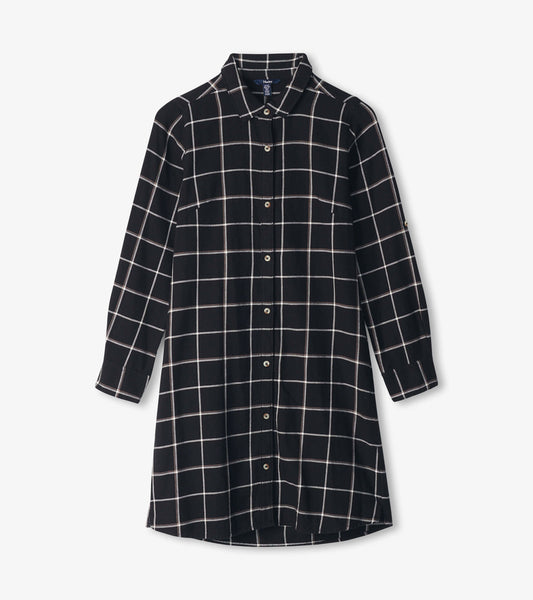 Black shirt dress featuring a white windowpane pattern, long sleeves, and a button-down front.