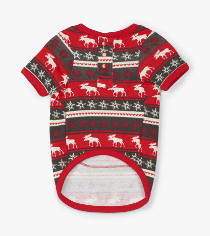 Red Fair Isle dog pajama featuring moose and snowflake patterns, with short sleeves and a button closure at the back.