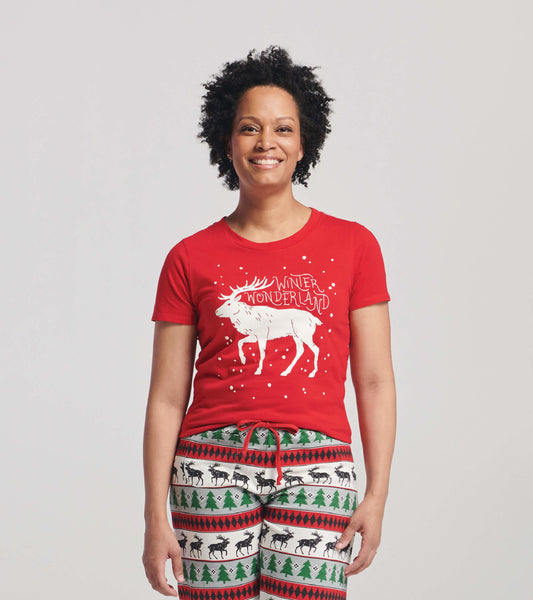 Red short sleeve t-shirt featuring a white moose graphic and "WINTER WONDERLAND" text, styled for a casual look.