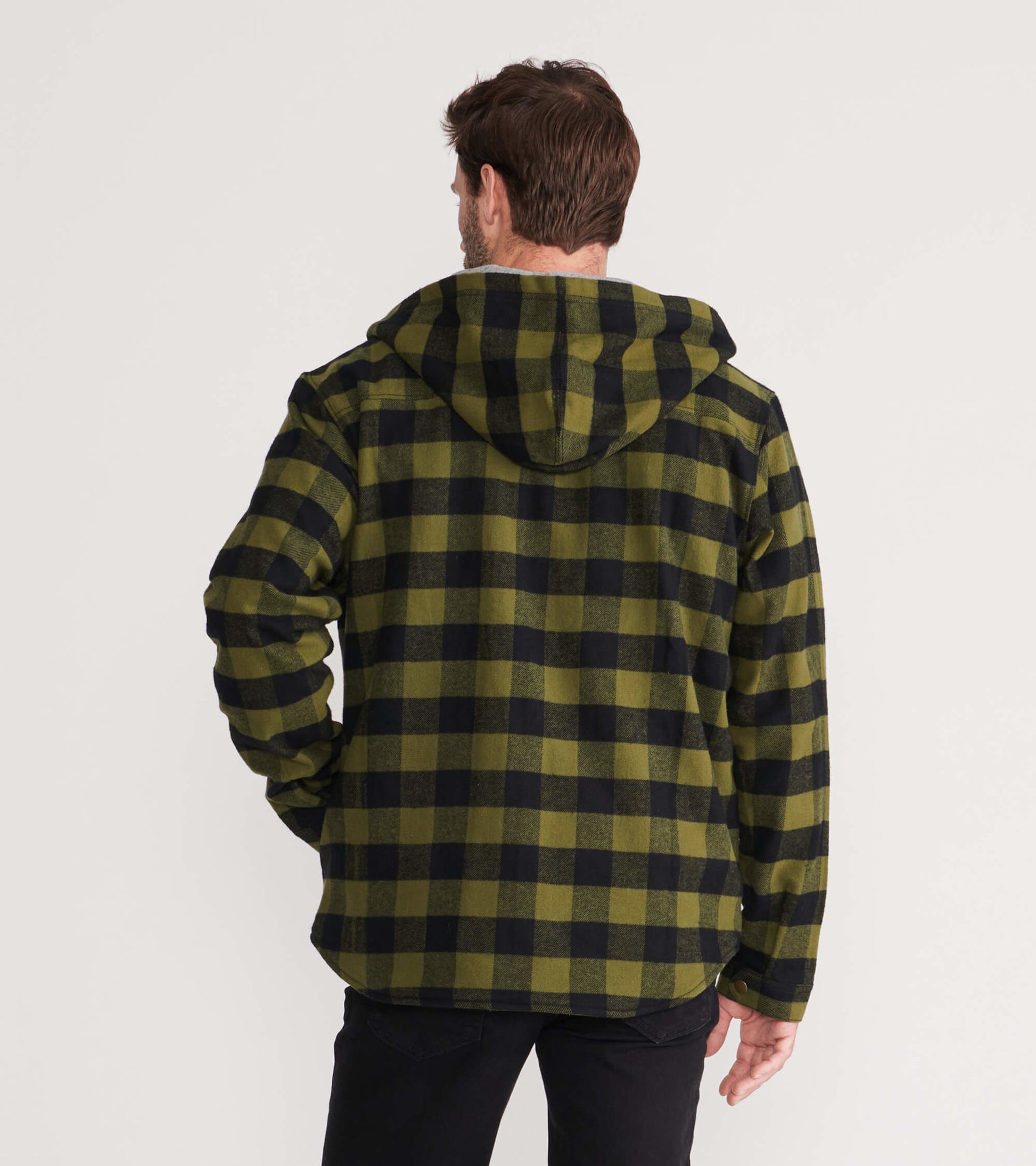 Men's flannel jacket in green and black plaid, featuring a hood and long sleeves, shown from the back.