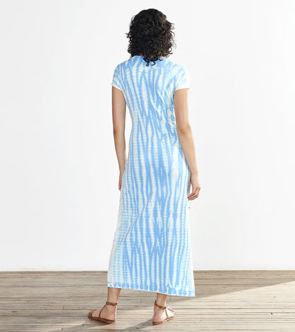 Maxi dress in azure tie-dye pattern with short sleeves, shown from the back.