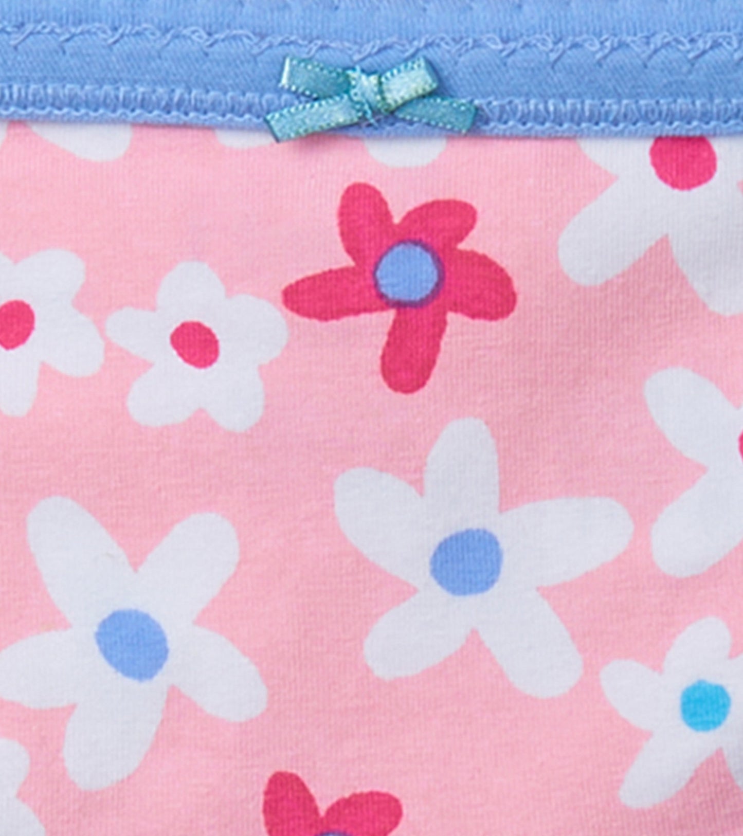 Pink hipster underwear featuring a floral pattern with blue and red accents, finished with a light blue bow detail.