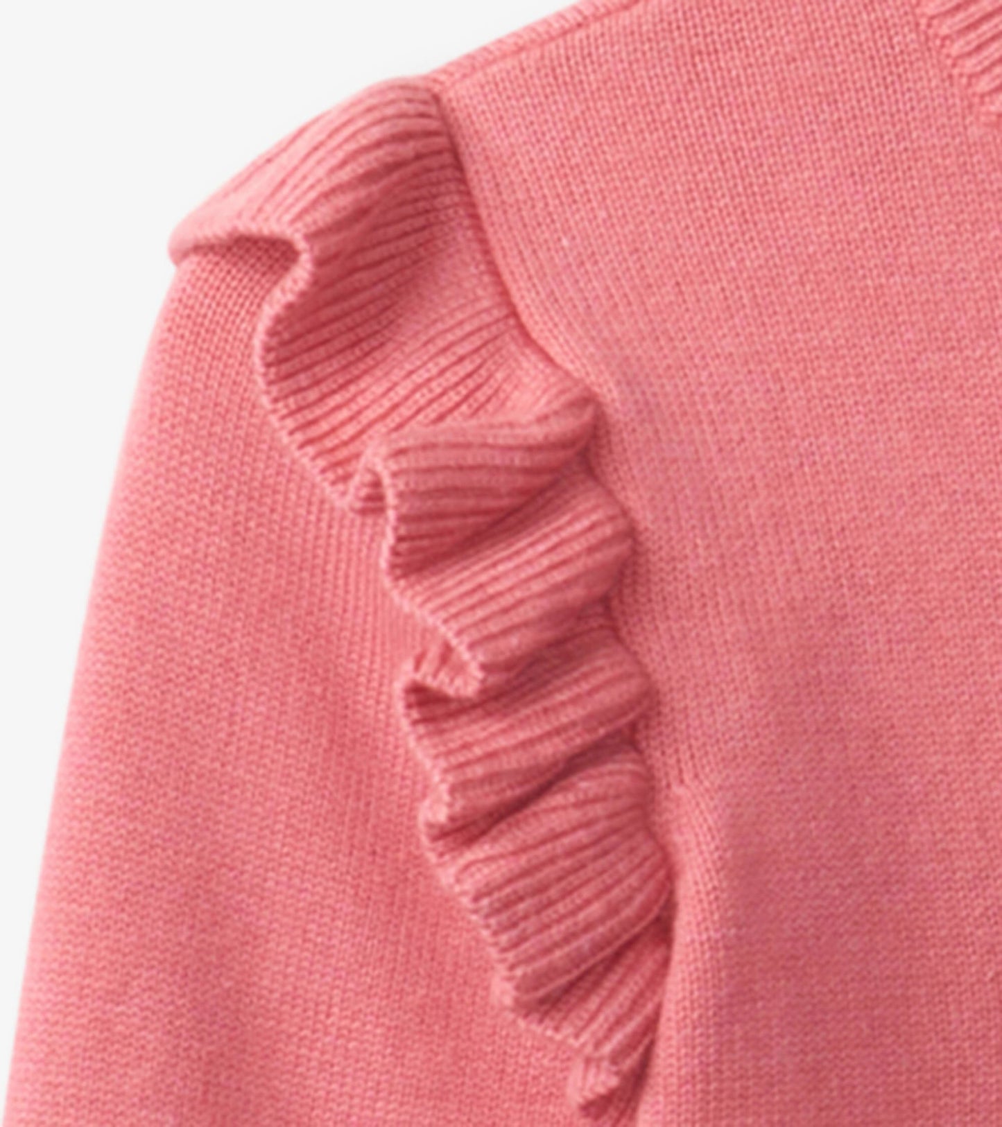 Pink sweater with striped ruffle sleeves, soft knit material, suitable for infants and toddlers.