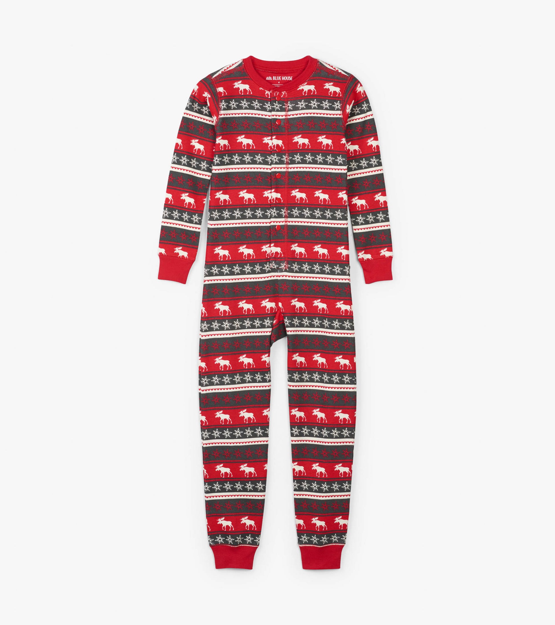 Red Fair Isle onesie featuring moose and snowflake patterns, long sleeves, and a snug fit for kids.