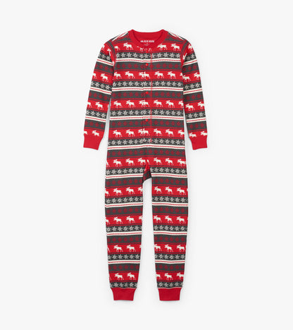 Red Fair Isle onesie featuring moose and snowflake patterns, long sleeves, and a snug fit for kids.