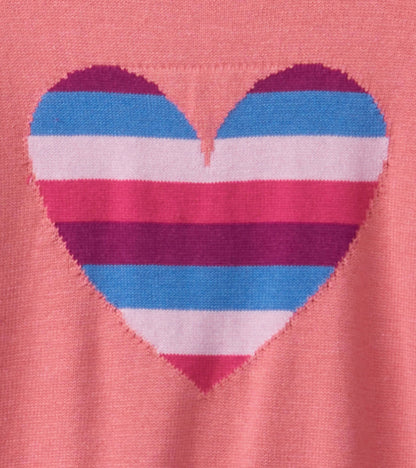 Pink sweater featuring a striped heart design in blue, pink, and purple with ruffle sleeves.
