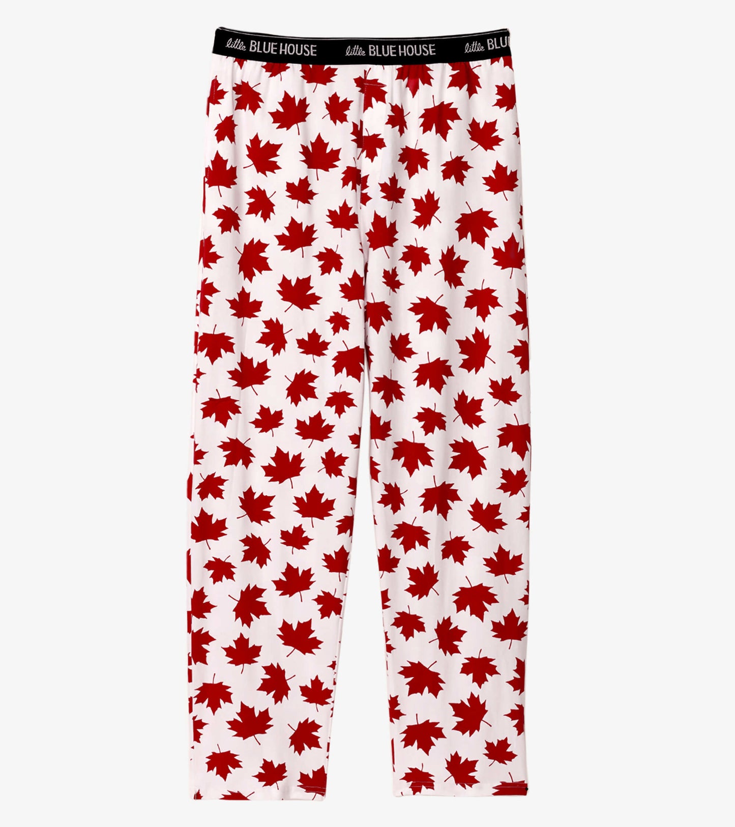 Red maple leaf pattern on white stretch cotton pajama pants with an elastic waistband.