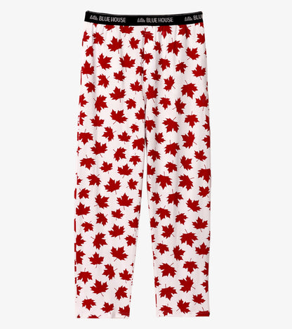 Red maple leaf pattern on white stretch cotton pajama pants with an elastic waistband.