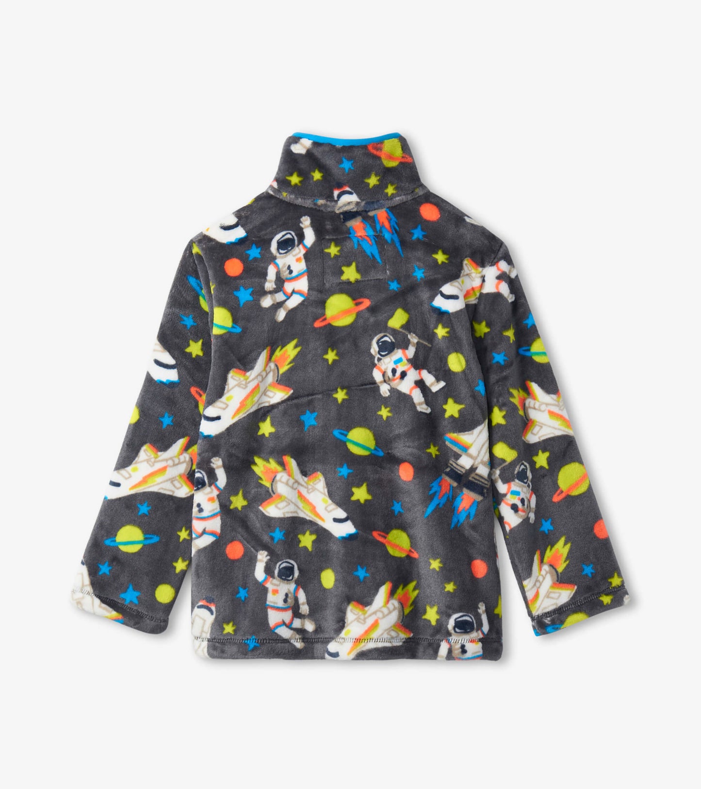 Gray fleece jacket featuring colorful astronaut and spaceship patterns, with a high collar and long sleeves.