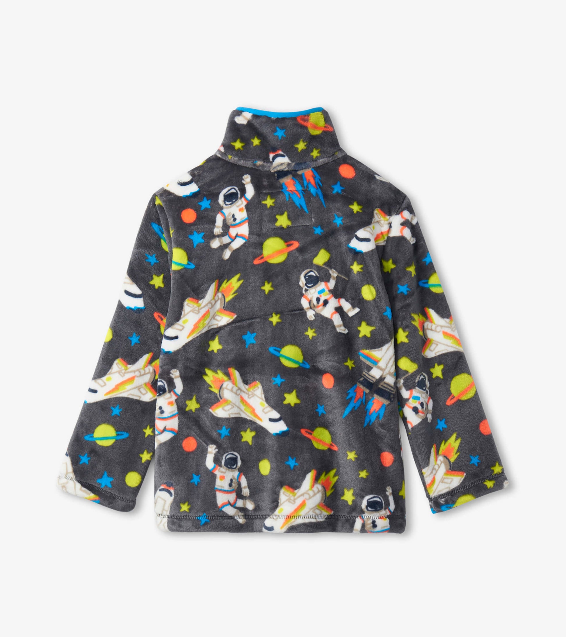 Gray fleece jacket featuring colorful astronaut and spaceship patterns, with a high collar and long sleeves.