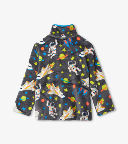 Gray fleece jacket featuring colorful astronaut and spaceship patterns, with a high collar and long sleeves.