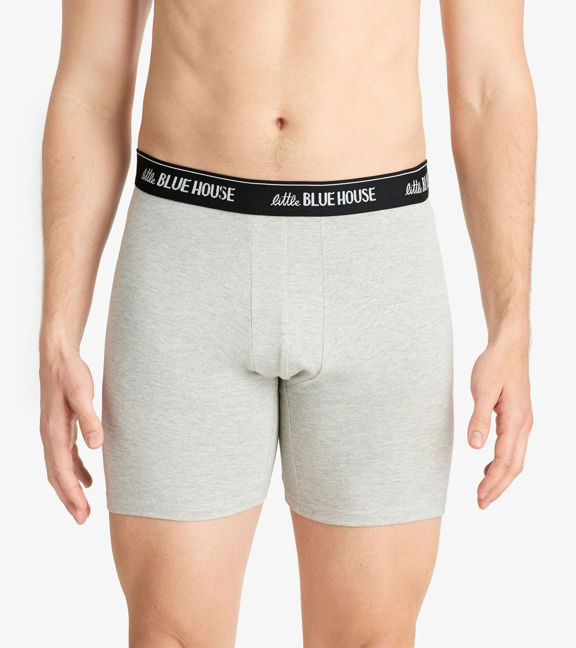Gray boxer briefs with a black waistband, featuring a snug fit and a front pouch design.