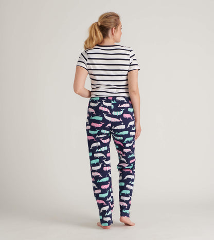 Striped short-sleeve tee paired with whale-patterned pajama pants in navy, showcasing a playful design.