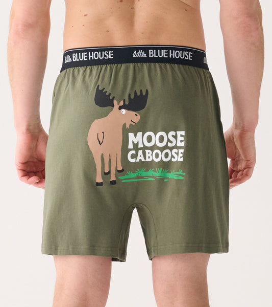 Men's olive green boxer shorts featuring a moose graphic and "MOOSE CABOOSE" text on the back.