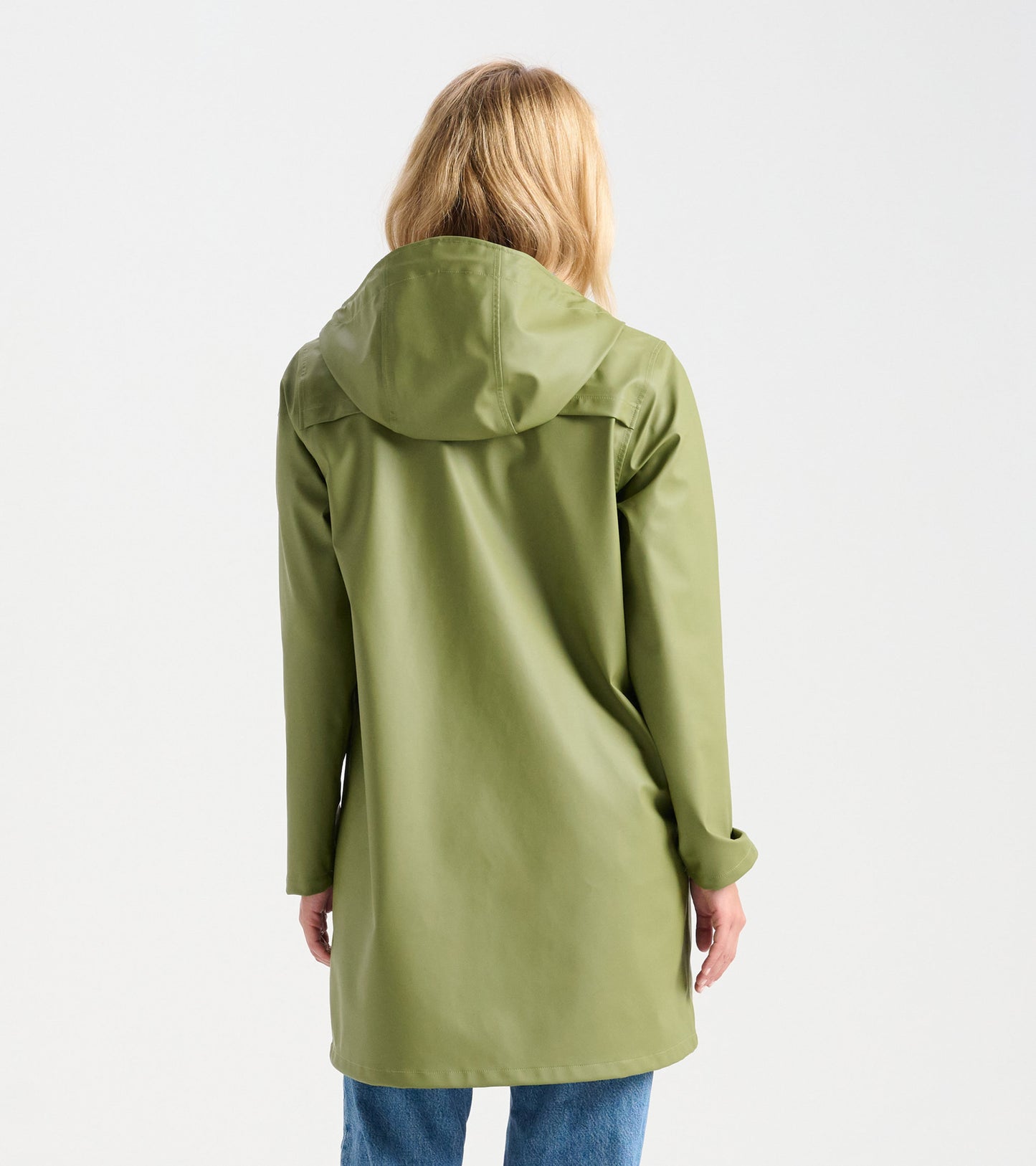 Loden green rain jacket with a hood, shown from the back, featuring a sleek, waterproof design.