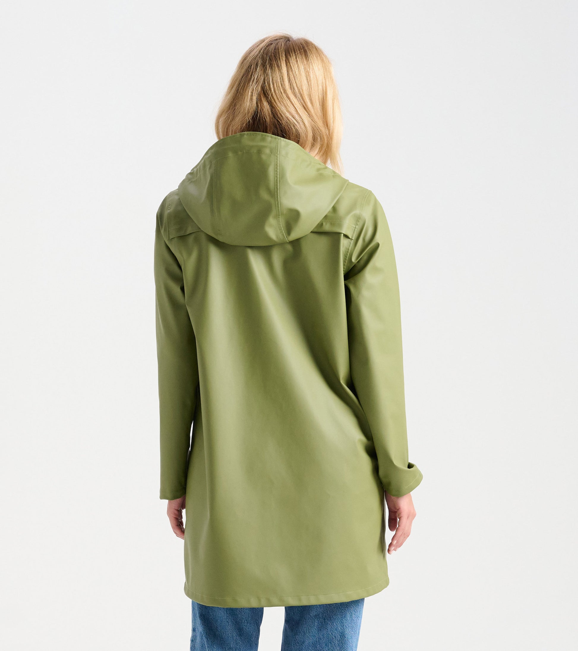 Loden green rain jacket with a hood, shown from the back, featuring a sleek, waterproof design.