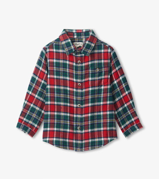 Red and green plaid toddler button-down shirt with long sleeves and a chest pocket.
