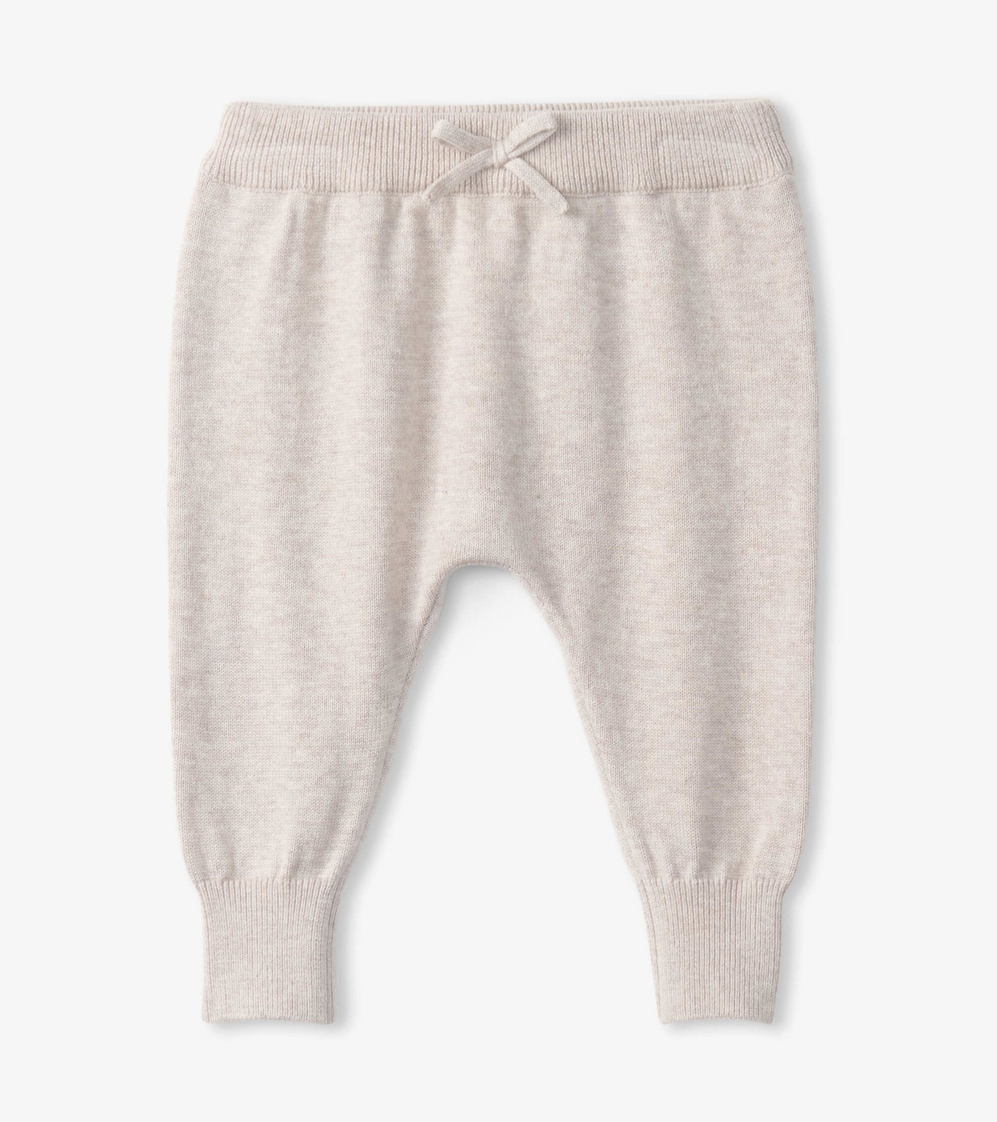 Light beige pull-on sweater pants for babies, featuring a soft knit material and elastic waistband with a drawstring.