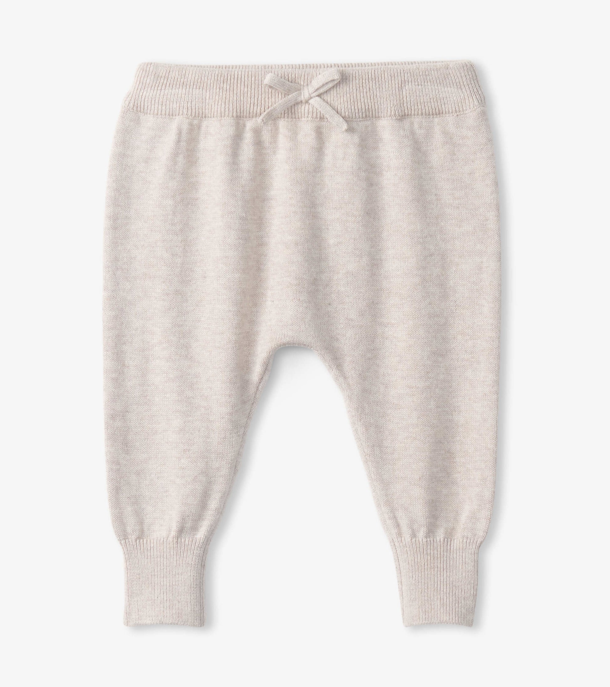 Light beige pull-on sweater pants for babies, featuring a soft knit material and elastic waistband with a drawstring.