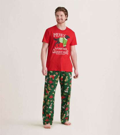 Green flannel pajama pants featuring a playful dog and holiday-themed pattern, perfect for cozy Christmas lounging.