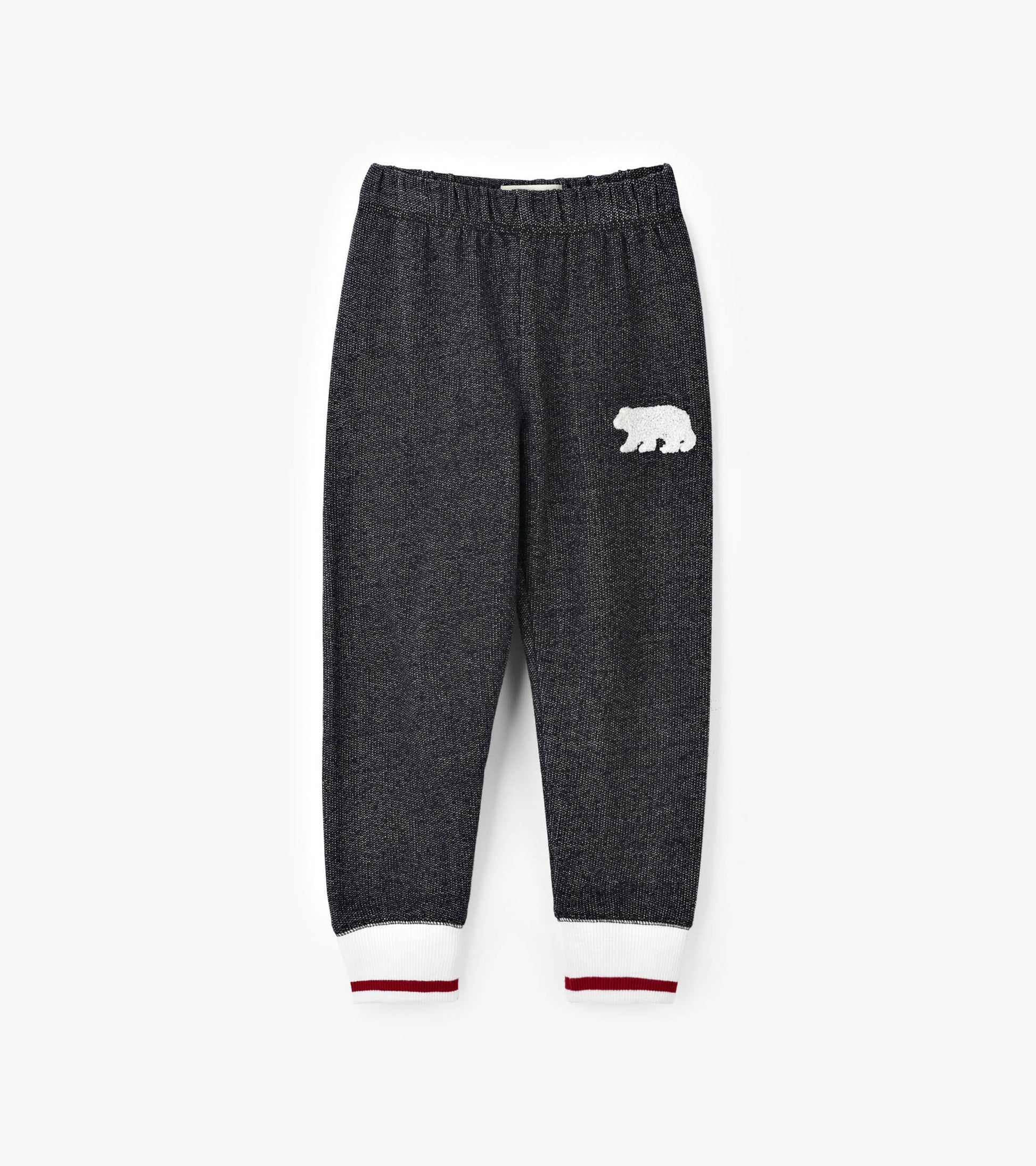Charcoal joggers with a bear applique, featuring white and red striped cuffs and an elastic waistband.