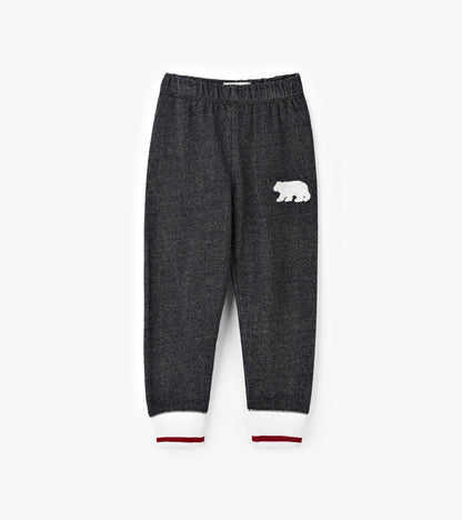 Charcoal joggers with a bear applique, featuring white and red striped cuffs and an elastic waistband.