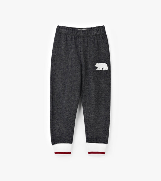 Charcoal joggers with a bear applique, featuring white and red striped cuffs and an elastic waistband.