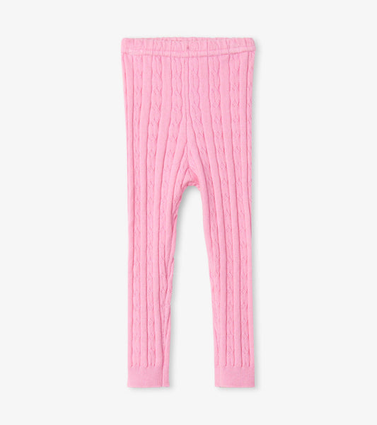 Baby pink cable knit leggings with a stretchy waistband, suitable for infants aged 0-24 months.