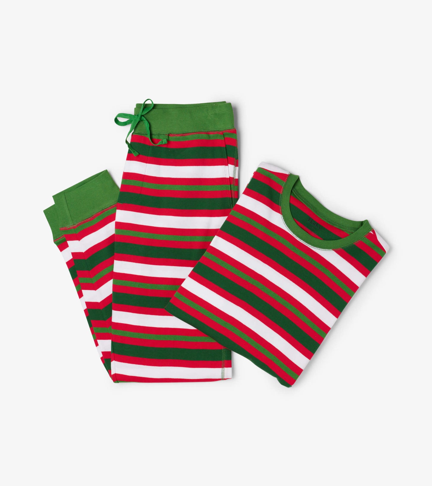 Men's pajama set featuring red, green, and white candy cane stripes, with a short-sleeve top and drawstring pants.