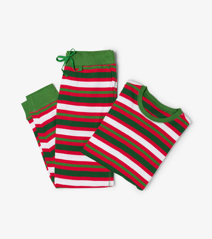 Men's pajama set featuring red, green, and white candy cane stripes, with a short-sleeve top and drawstring pants.