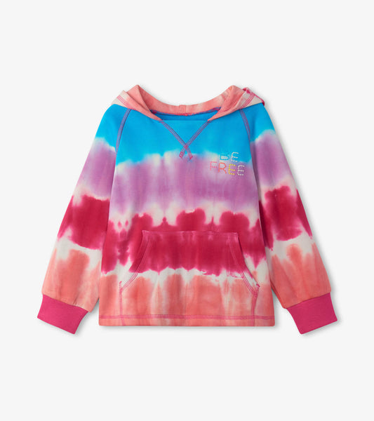 Colorful tie-dye hoodie featuring shades of blue, pink, and purple with a front pocket and "BE FREE" text.
