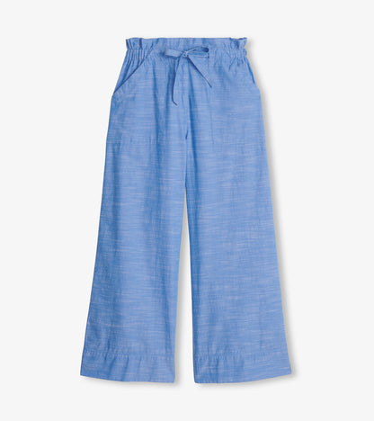 Light blue chambray tie front pants with a relaxed fit and side pockets.
