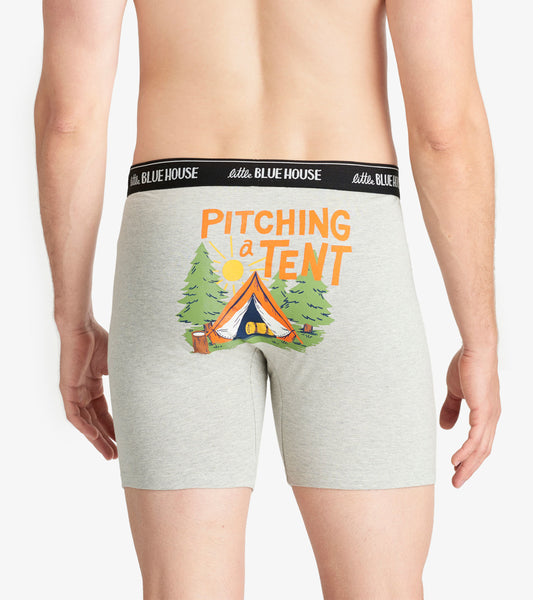 Gray boxer briefs featuring a camping-themed graphic with a tent, trees, and sun on the back.