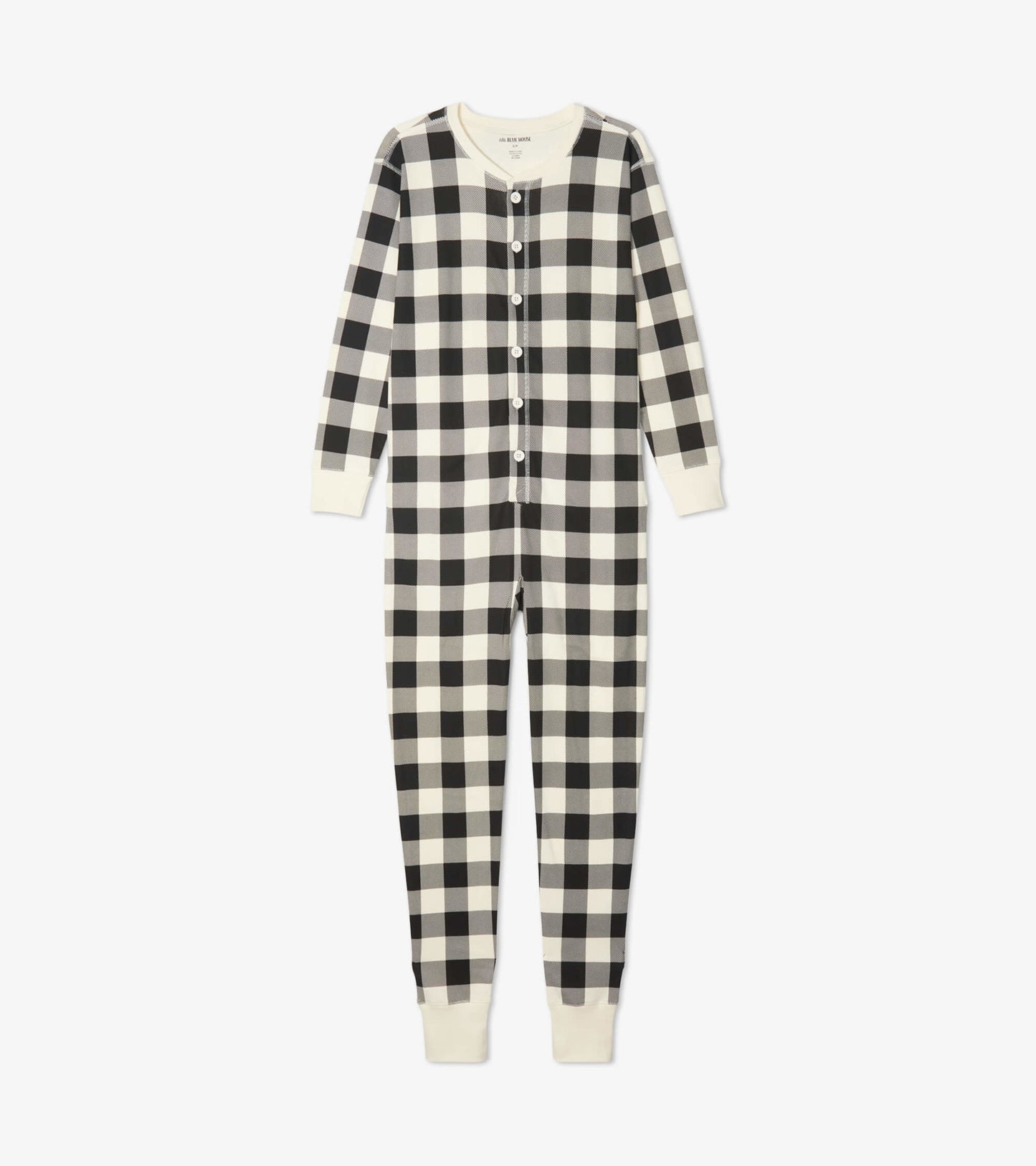 Cream plaid adult onesie featuring long sleeves, button front, and cuffed ankles, made from soft fabric.