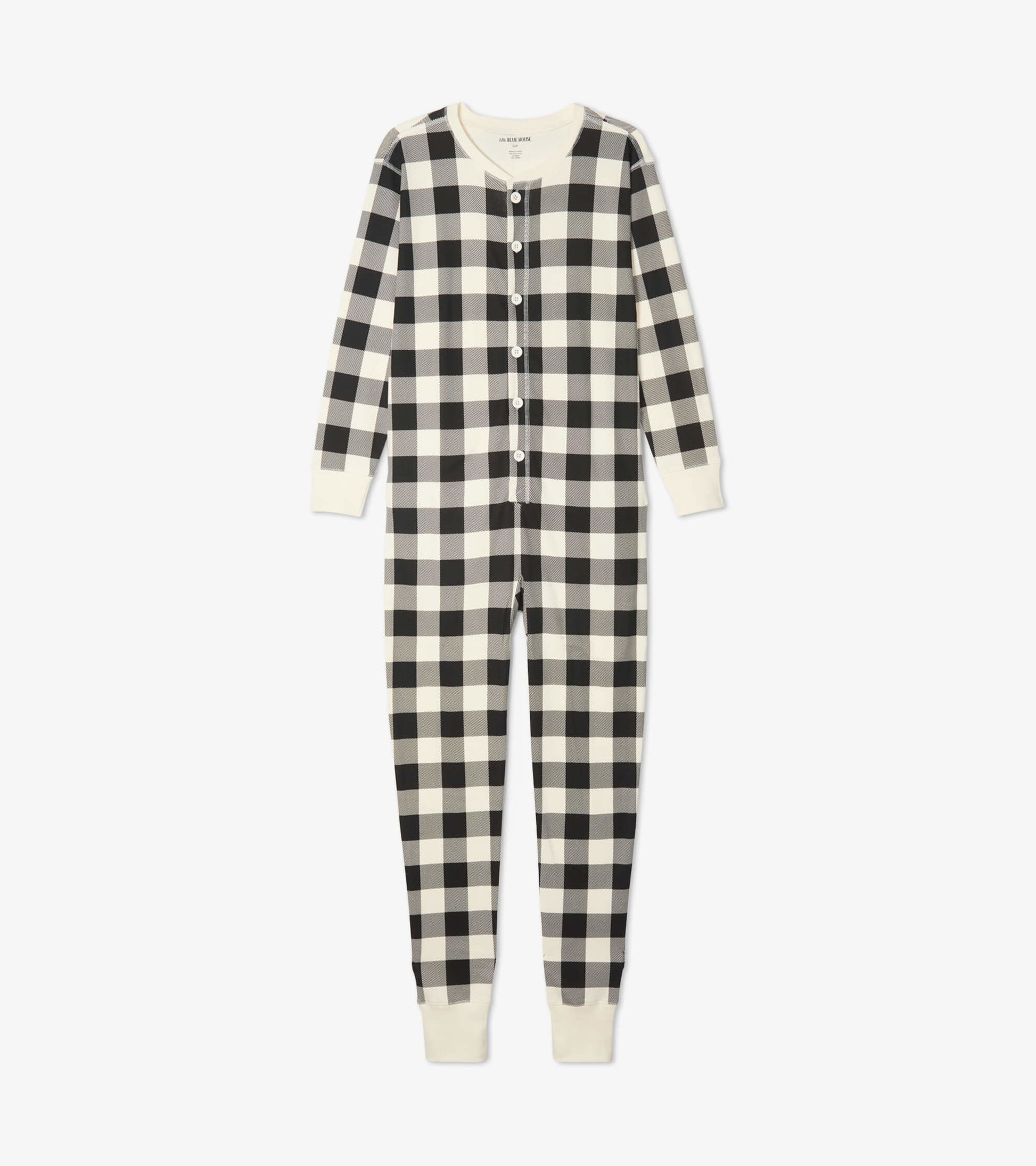 Cream plaid adult onesie featuring long sleeves, button front, and cuffed ankles, made from soft fabric.