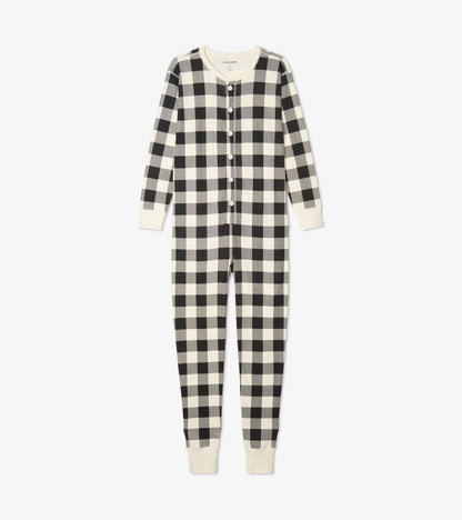 Cream plaid adult onesie featuring long sleeves, button front, and cuffed ankles, made from soft fabric.