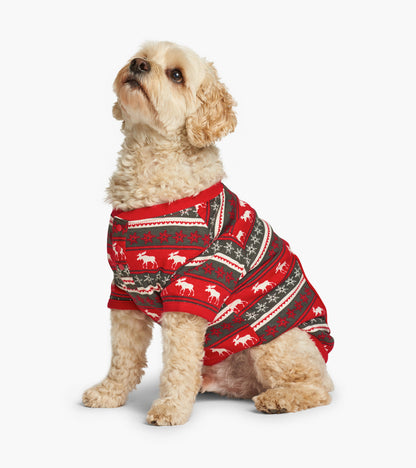Red dog pajama featuring a Fair Isle pattern with moose and snowflakes, designed for comfort and warmth.