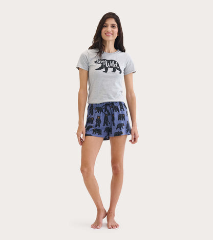 Cotton blend sleep shorts in blue with black bear print, featuring an elastic waistband and relaxed fit.